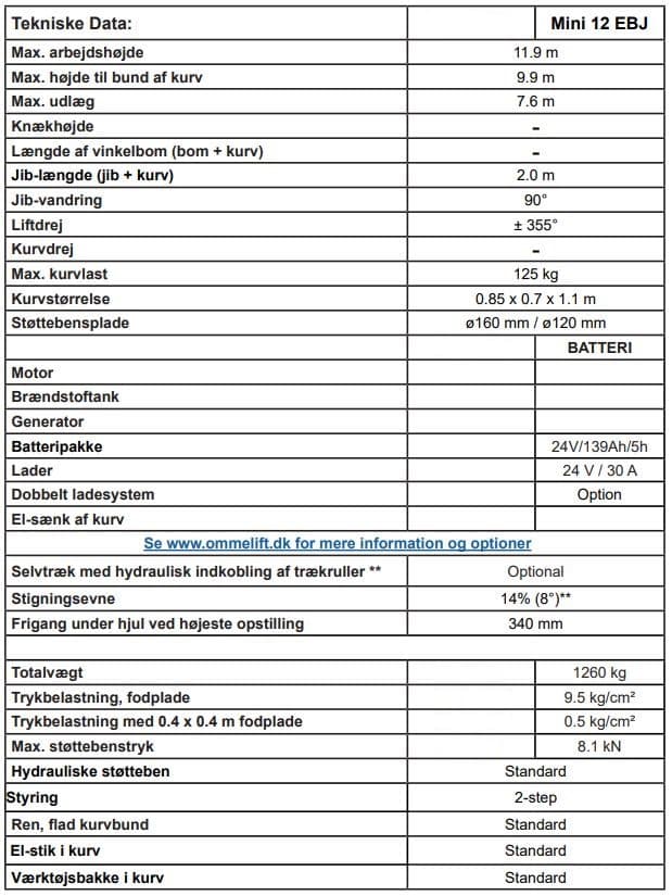 Trailerlift, ligearm, 12m, Batt.