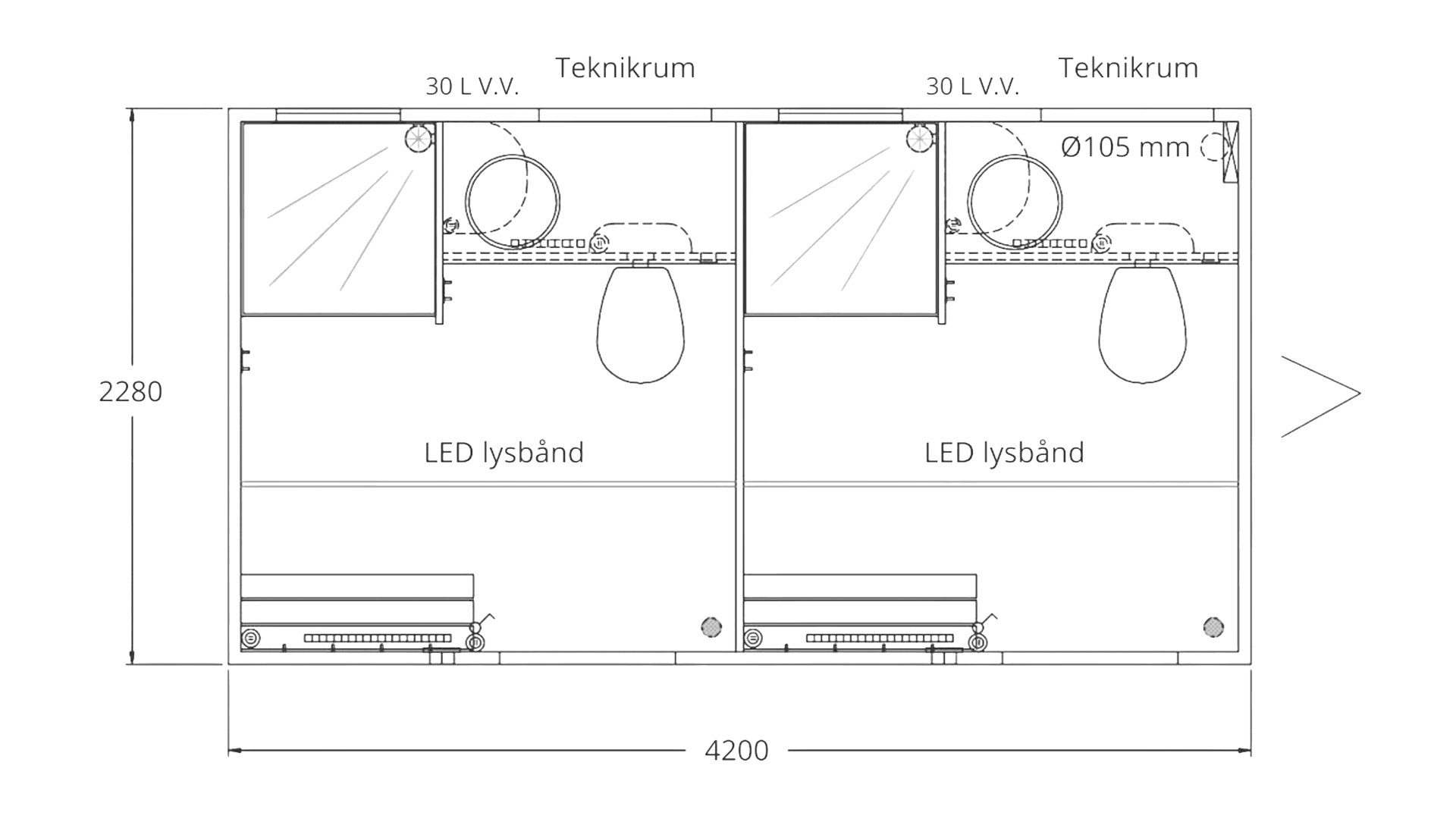 Badmobil 2 rum m. kværn eller afløb Ø110