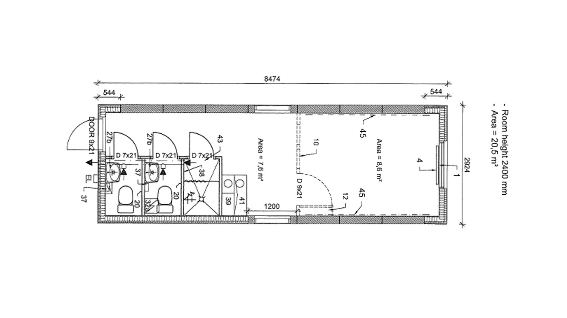 Entremodul m. 2 wc, 1 bad og trinette 2,9 x 8,4 ECO