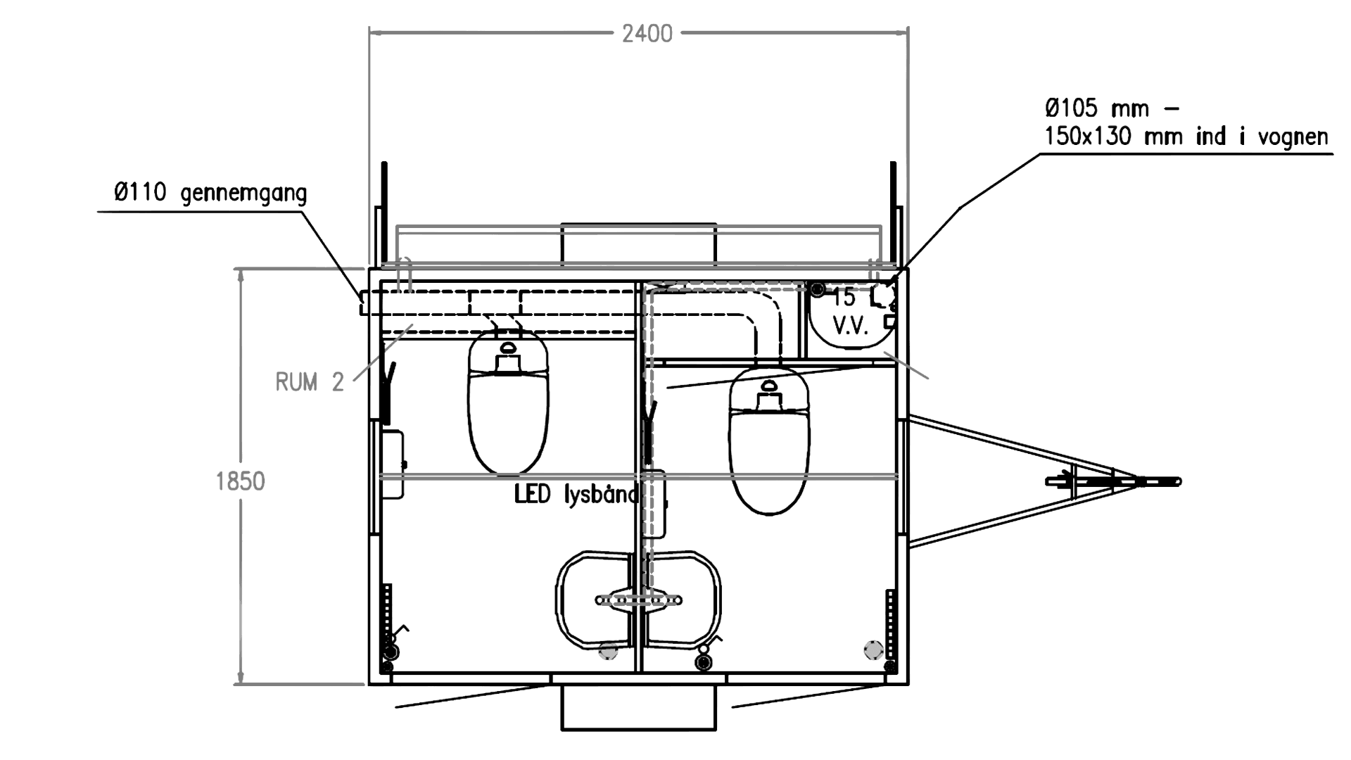 Toiletvogn 2 wc, Ø110 & udv. urinal
