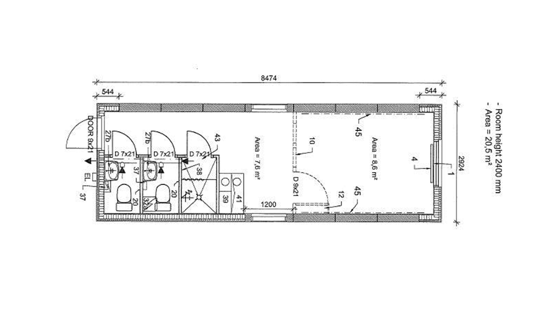 Entremodul m. 2 wc, 1 bad og trinette 2,9 x 8,4 ECO