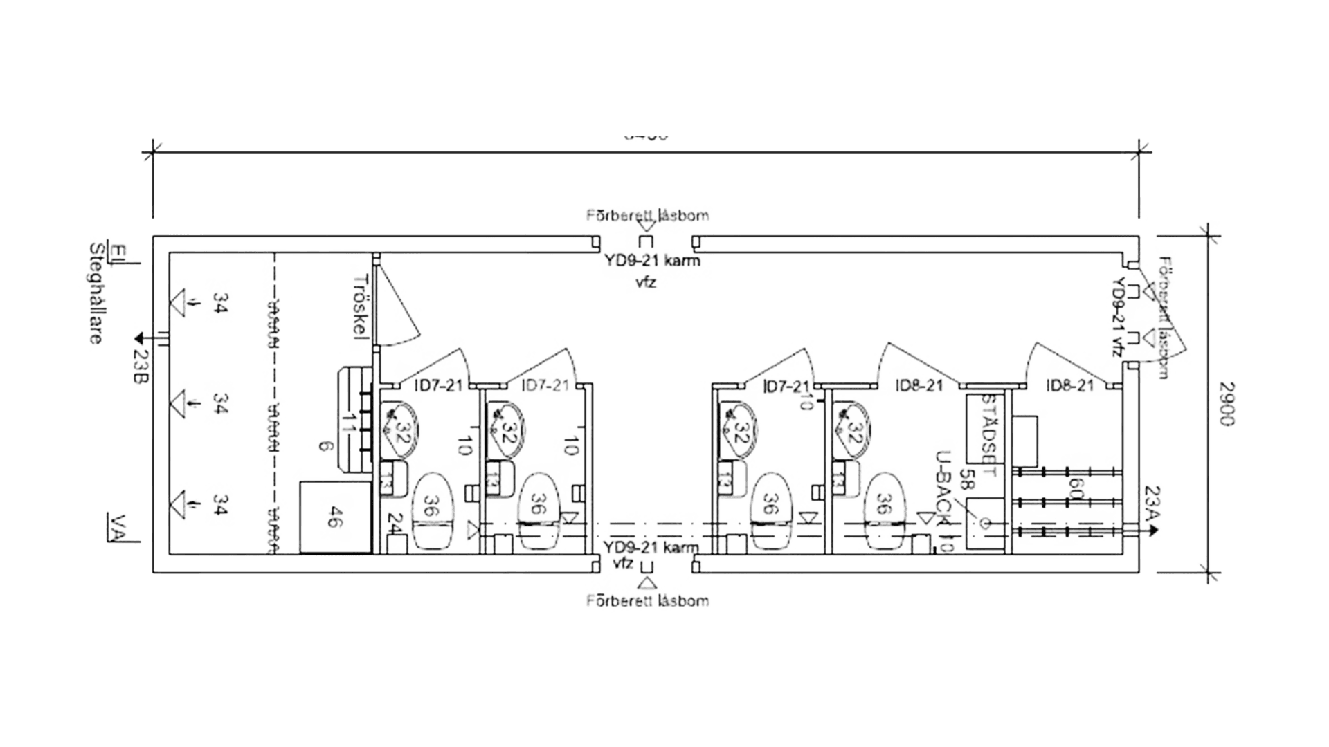 Toilet/bademodul 3 brus og 3 toiletter m. gennemg.