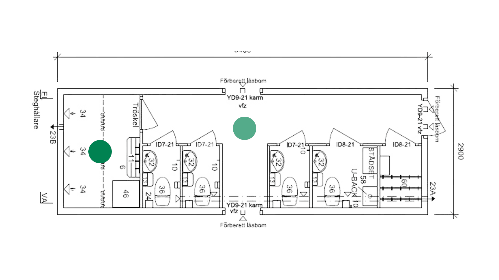 Toilet/bademodul 3 brus og 3 toiletter m. gennemg.