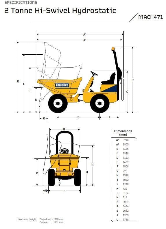 Dumper 2.0T / 1.2m³, m. høj/sidetip, Diesel