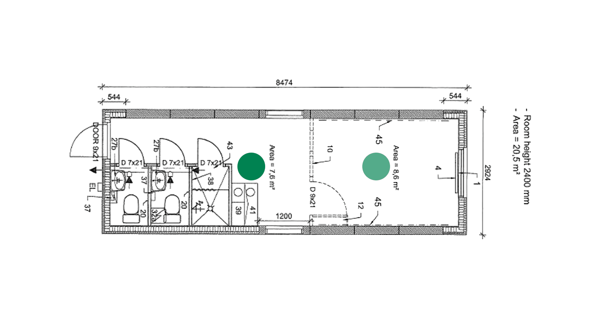 Entremodul m. 2 wc, 1 bad og trinette 2,9 x 8,4 ECO