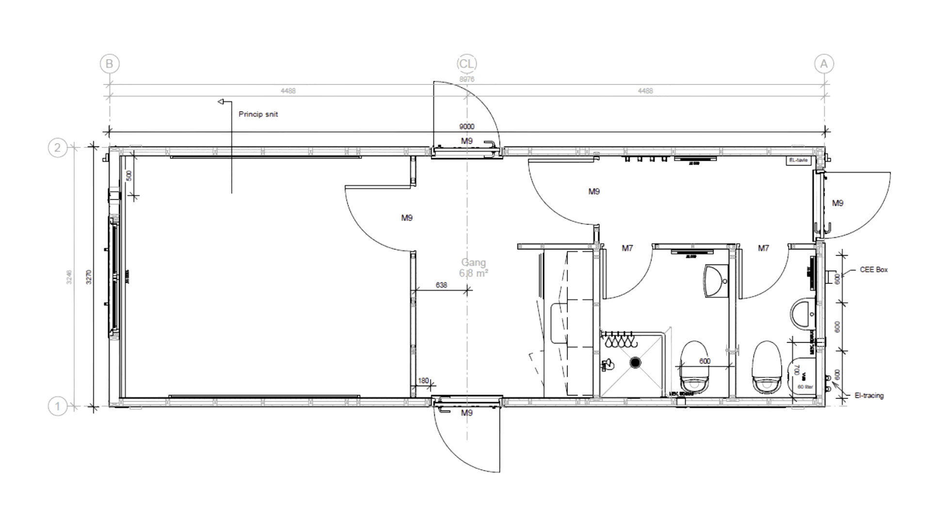 Entrémodul m/ gavlindg. 1wc+1wc m/bad, minikøkken