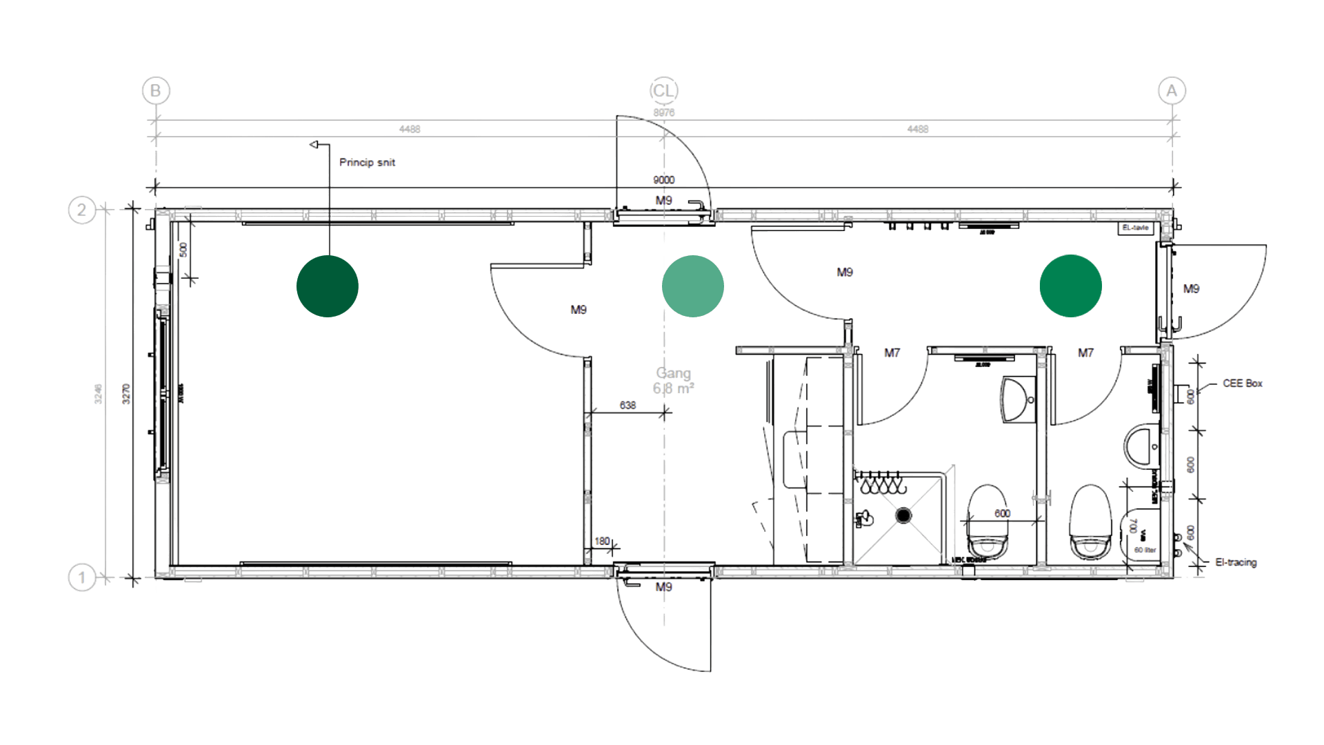 Entrémodul m/ gavlindg. 1wc+1wc m/bad, minikøkken